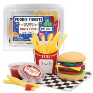 MindWare Foodie Fidgets Fan Foods: Squishy Burger Basket with 19 Tactile Sensory Pieces & Slime